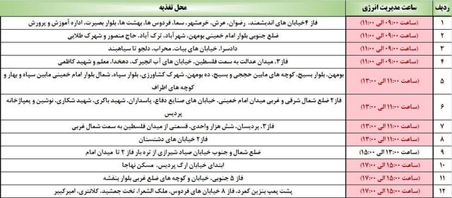 خاموشی‌های یکشنبه شهرستان پردیس اعلام شد